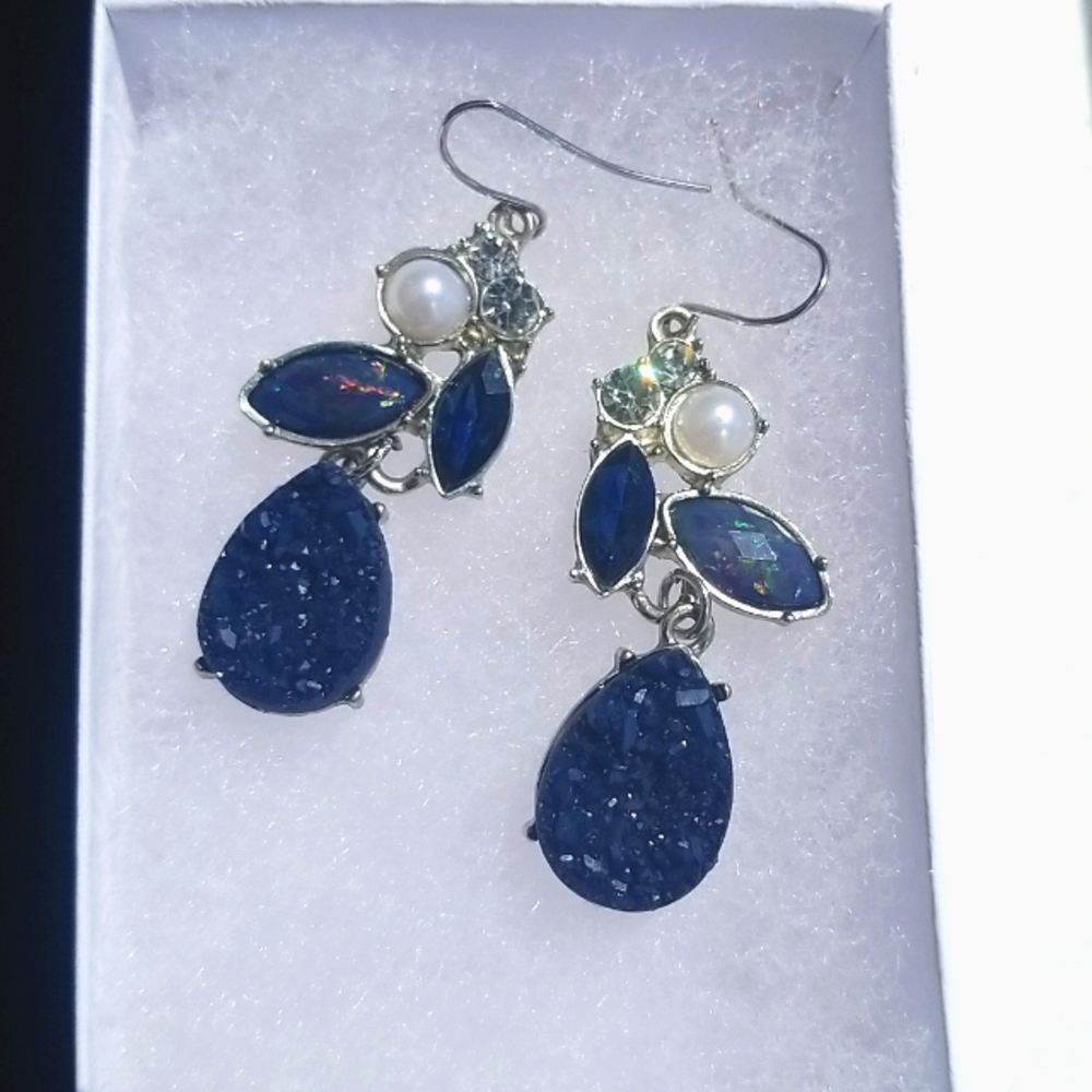 Fabulous Opal Sapphire Pearl Stone Glitter Costume Earrings Silver Setting